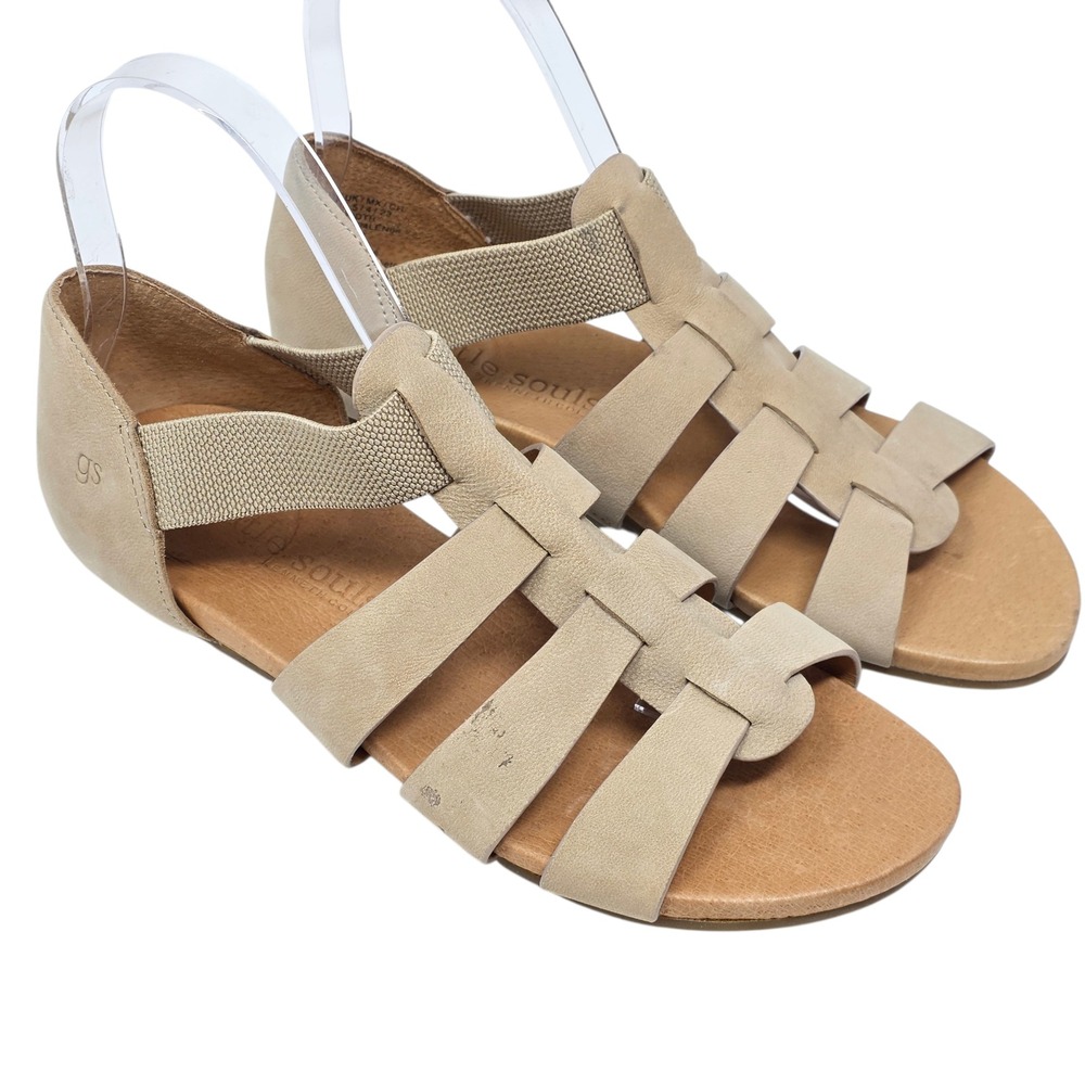 Gentle Souls Strappy Sandals‎ Women Beige Leather Elastic Comfort Flat Size 6.5